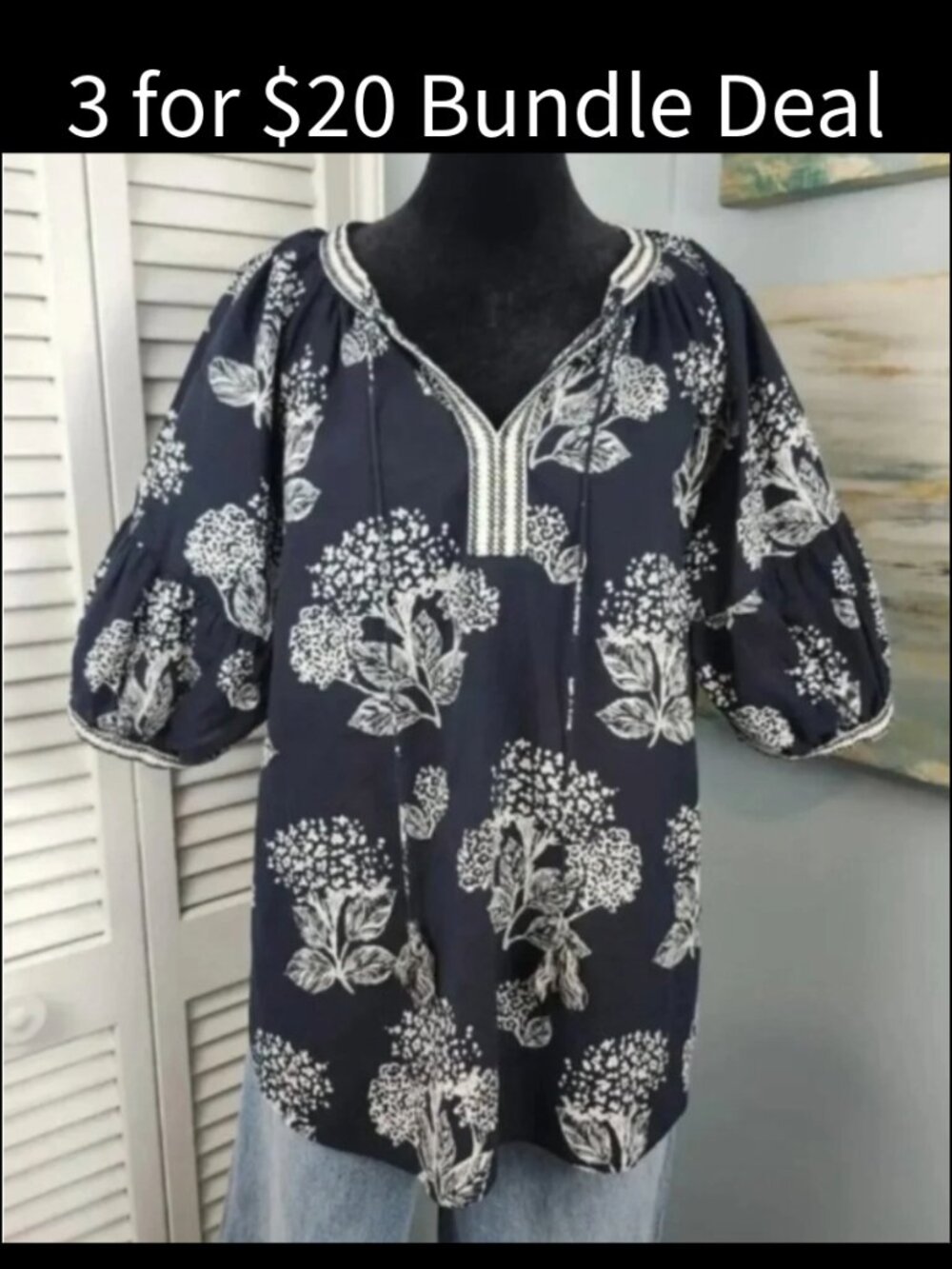 My Danielle Floral Top size Large Black & White Boho